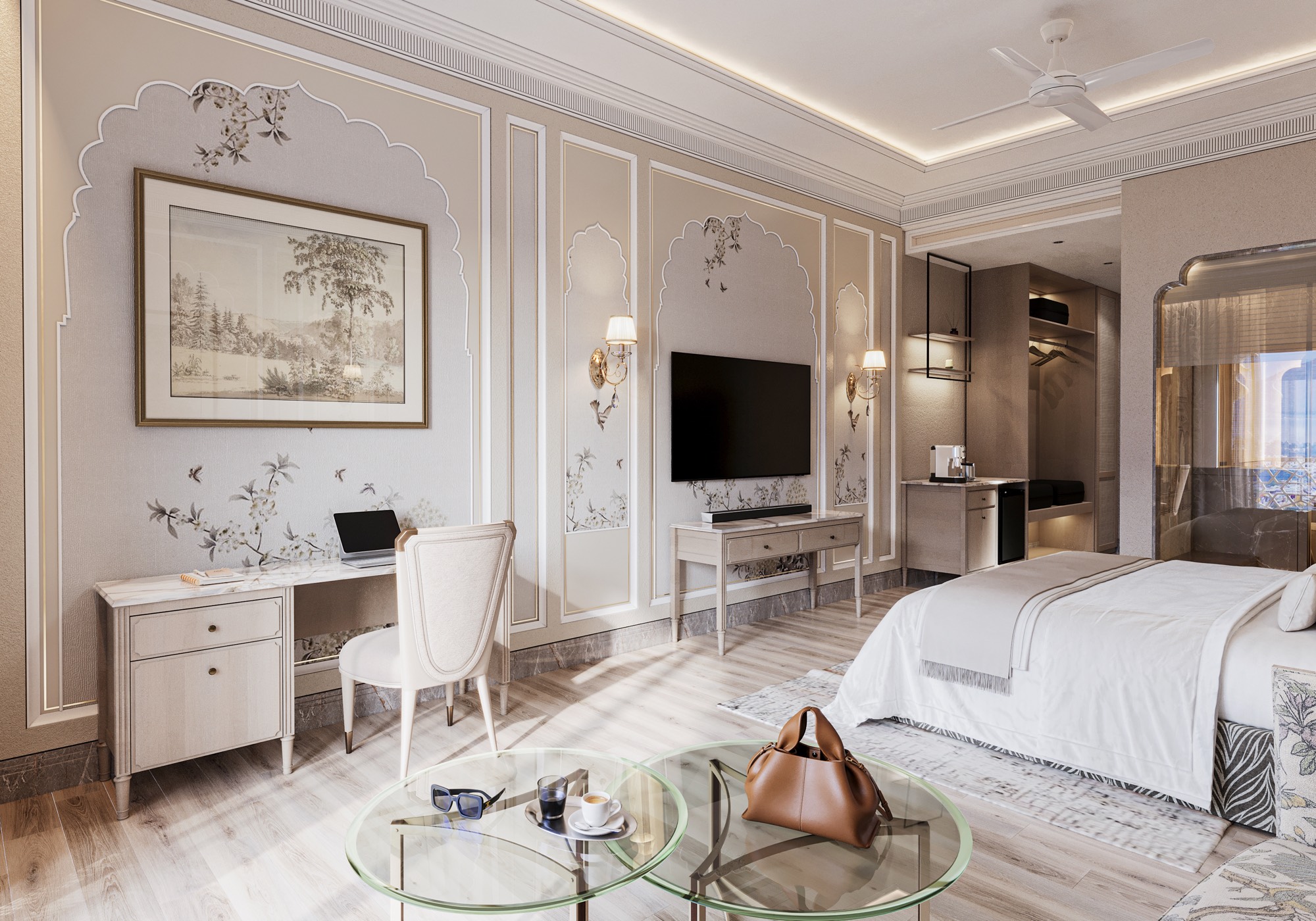 Hotel suite study nook with mirrored dressing table